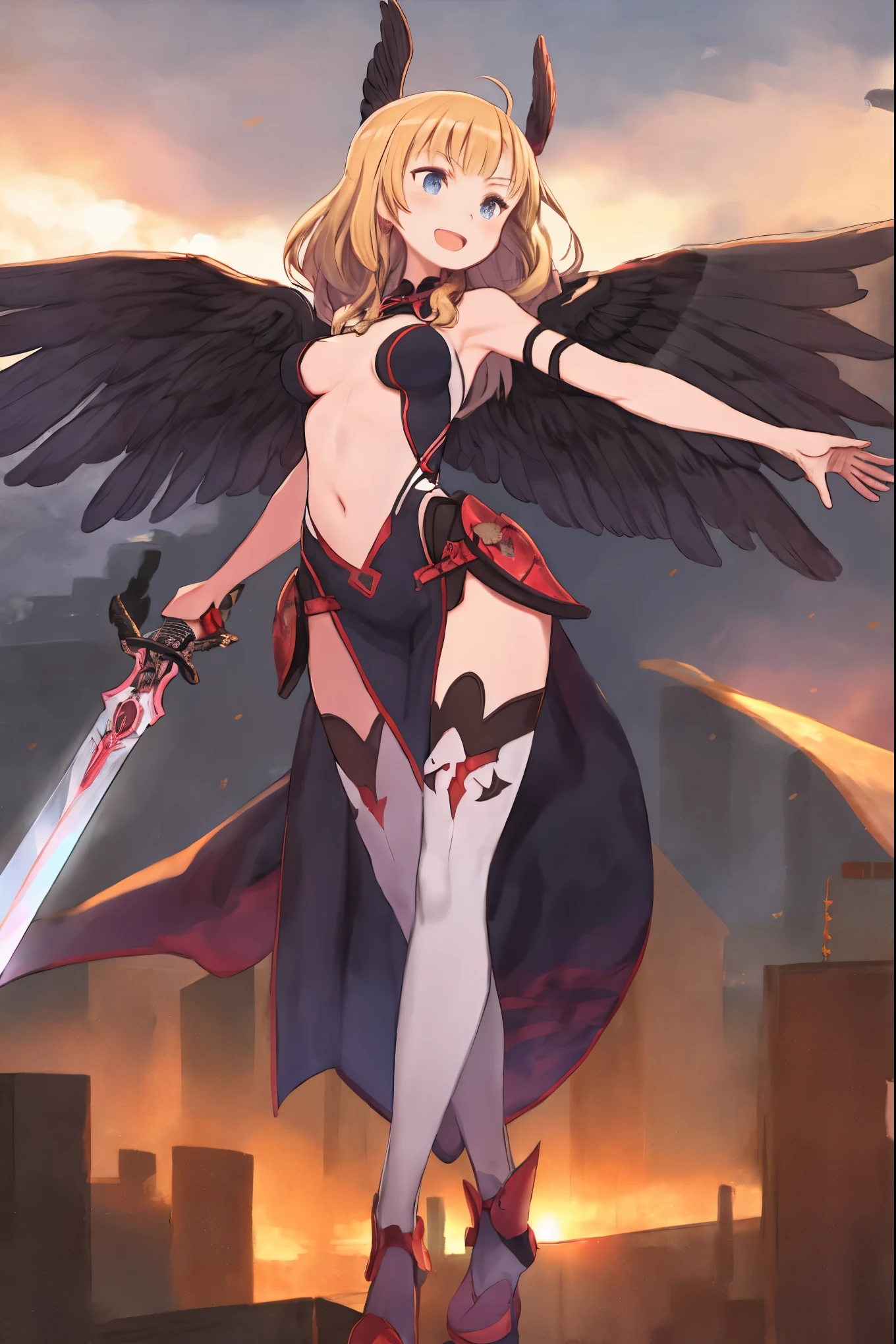 fantasy, 1girl, low_, blond_hair,long_bangs, bare_shoulder, navel out, thighhighs,black_armor, red_clothes,waist_armor, Glebe, hold_sword, medium_breasts, dynamic_flying_pose,Floating, (1pair_black_wings:1.2),(pelvic_curtain:1.3), Headgear ,looking_down_city,sunset_city_sky_background,,slightly_spread_legs,some_swords_floating_around_the_girl,solo,light_smile,open_mouth,open_legs,open_arms,rise_knee,rise_leg,rise_thigh,rise_leg,forward_leaning_posture,apart_legs,