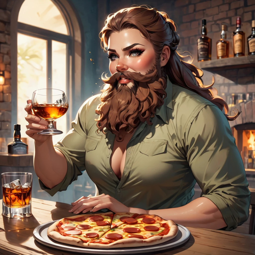 cowboy bearded woman with a glass of whiskey and a pizza