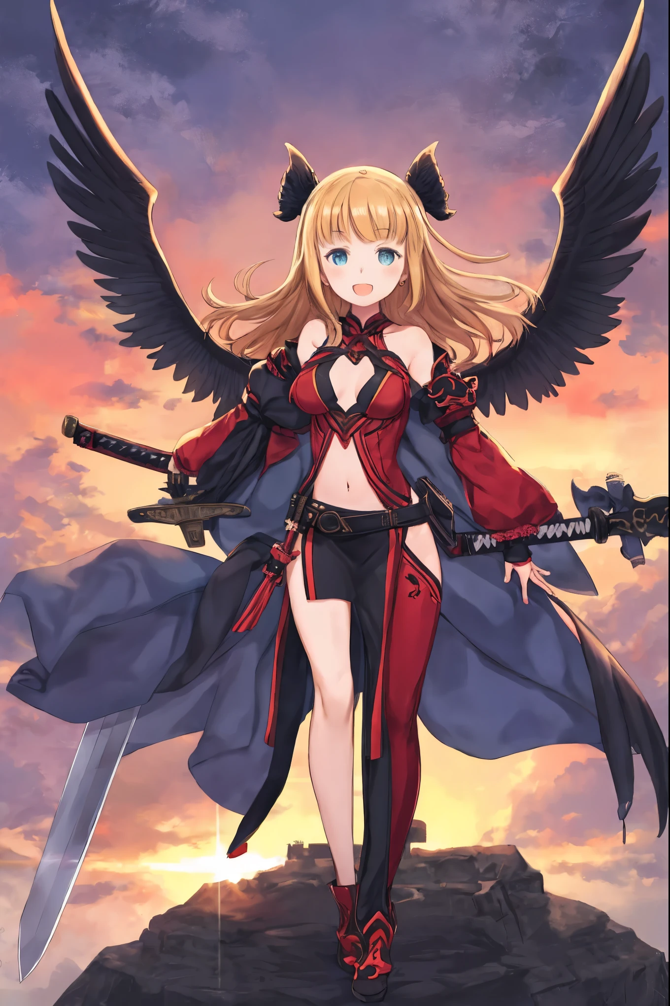 fantasy, 1girl, low_, blond_hair,long_bangs, bare_shoulder, navel out, thighhighs,black_armor, red_clothes,waist_armor, Glebe, hold_sword, medium_breasts, dynamic_flying_pose,Floating, (1pair_black_wings:1.2),(pelvic_curtain:1.3), Headgear ,looking_down_city,sunset_city_sky_background,,slightly_spread_legs,some_swords_floating_around_the_girl,solo,light_smile,open_mouth,open_legs,open_arms,rise_knee,rise_leg,rise_thigh,rise_leg,forward_leaning_posture,apart_legs,