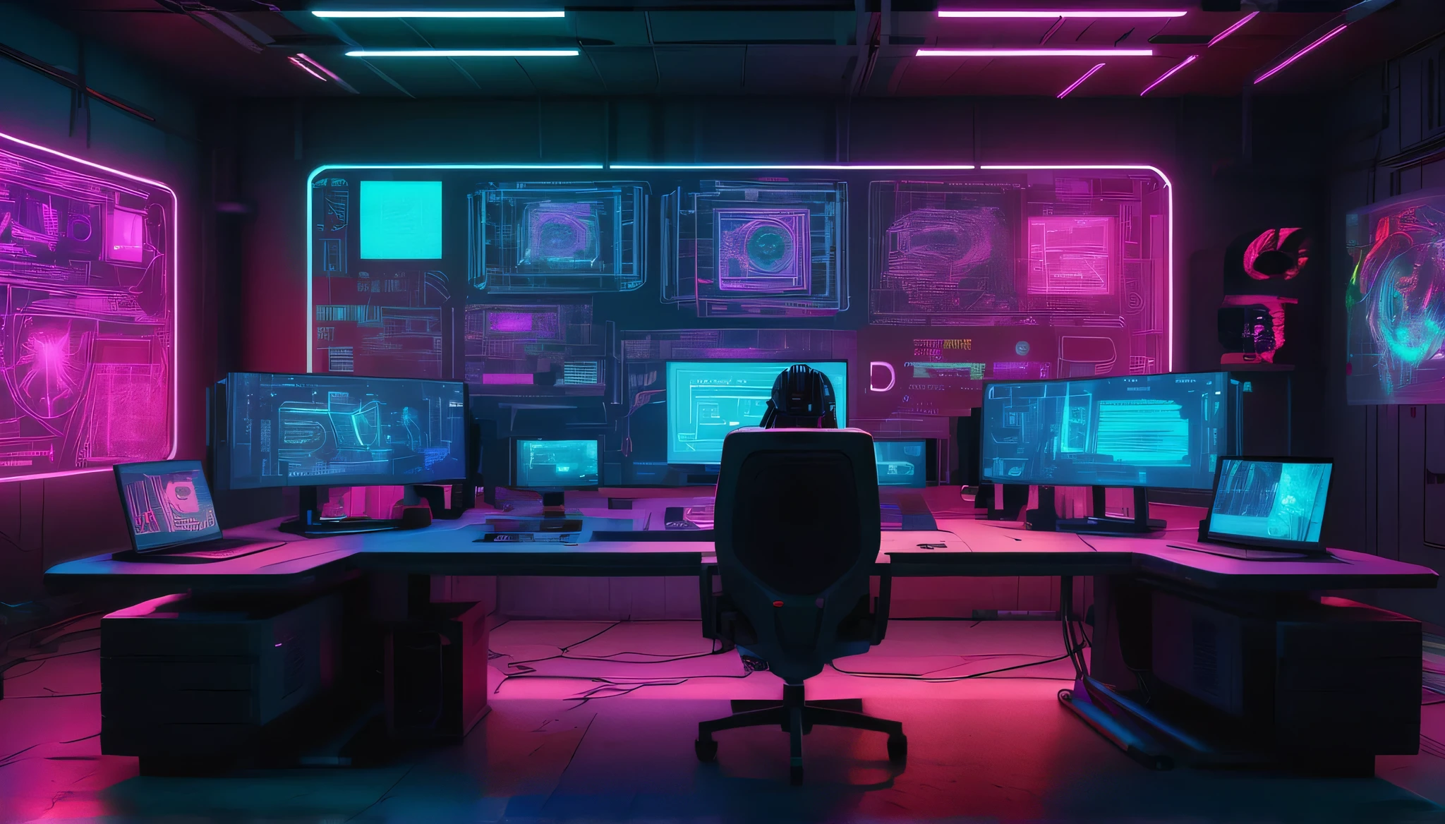 "Create a front-facing image of a spacious room with a cyberpunk aesthetic. In the center of the room, there is a single large table with multiple computers, their screens glowing with complex data and vibrant colors. Papers are scattered across the table as if they are notes, adding a sense of organized chaos. Behind the table sits a person, looking directly at the camera. The room features neon lighting and futuristic decor, enhancing the high-tech, dystopian atmosphere."