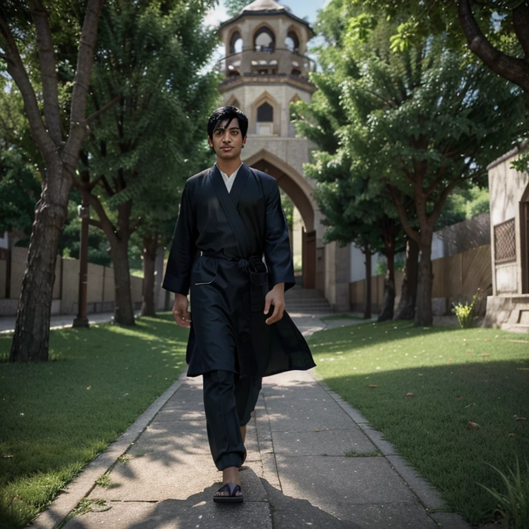 Taqi is a handsome and kind young man. He wears a Muslim robe with black hair, Mosque background (anime, cartoon, light effect, cute, squirky, lighting is smooth, in 3D animation). Taqi walked excitedly through the village streets surrounded by green trees. The morning sun shines from the blue sky, creating a peaceful atmosphere that supports his spiritual journey