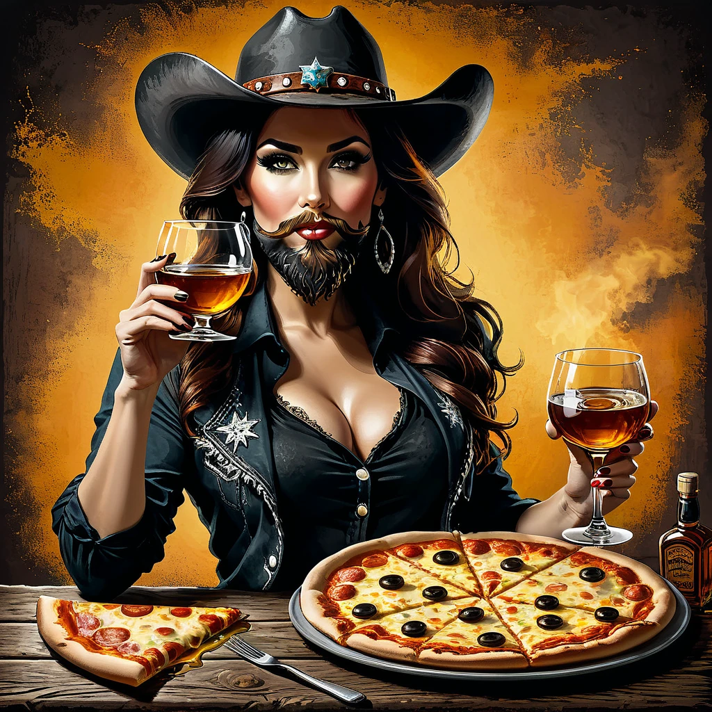 cowboy bearded woman with a glass of whiskey and a pizza