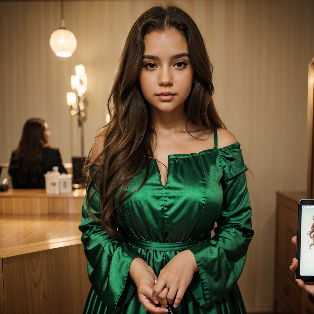 Beautiful woman of Russian nationality, light skin, lush hair, wavy hair, long hair, hair color light brown, brown hair, full girl, round face, chubby cheeks, short neck, broad shoulders, wearing elegant emerald-colored dress, shiny dress with sleeves, holding a graphic tablet, working on the tablet, graphic stylus, looking at the viewer, neon background, blurred background, best quality, realistic style