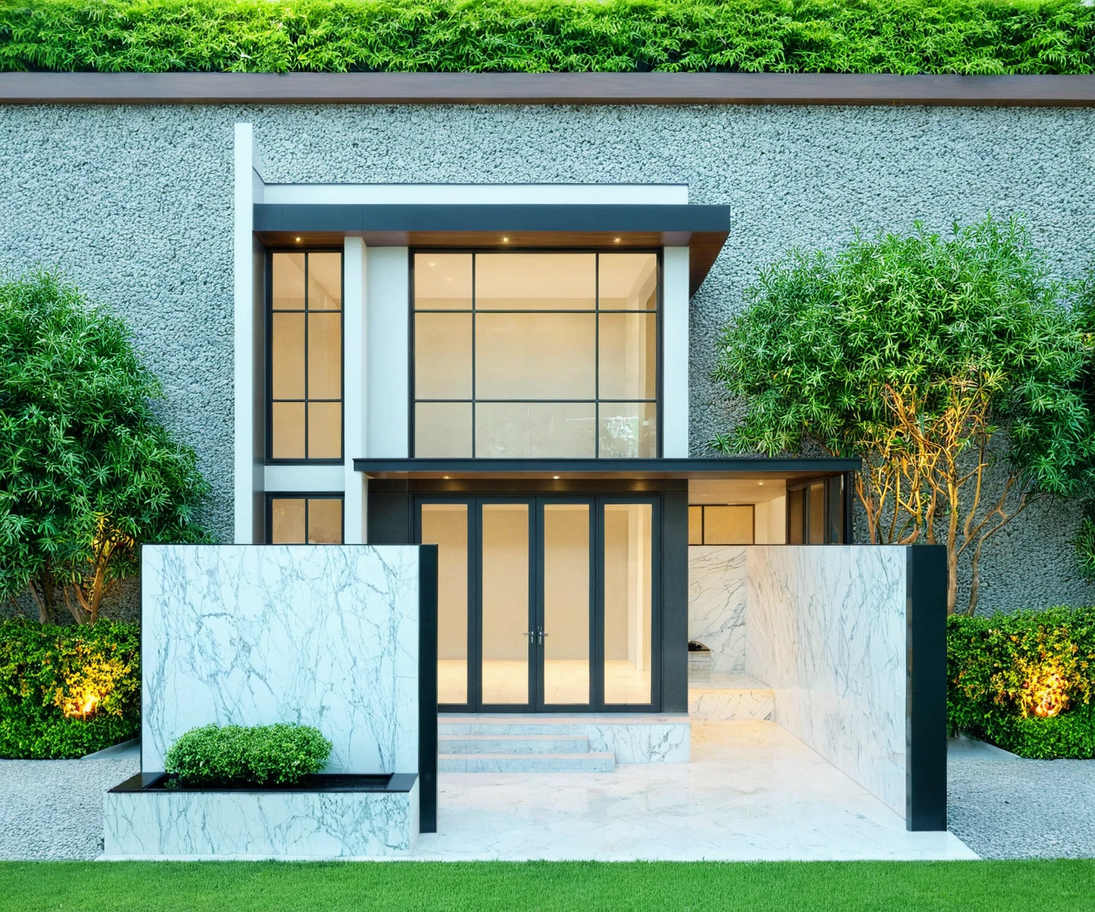 masterpiece, best quality, exterior design, (sunset), one-story modern house in Vietnamese village, marble, steel, modern light-colored granite facade and white walls, wooden ceiling , large glass, modern minimalist style, green shrubs and tropical plants background, large doors and windows.