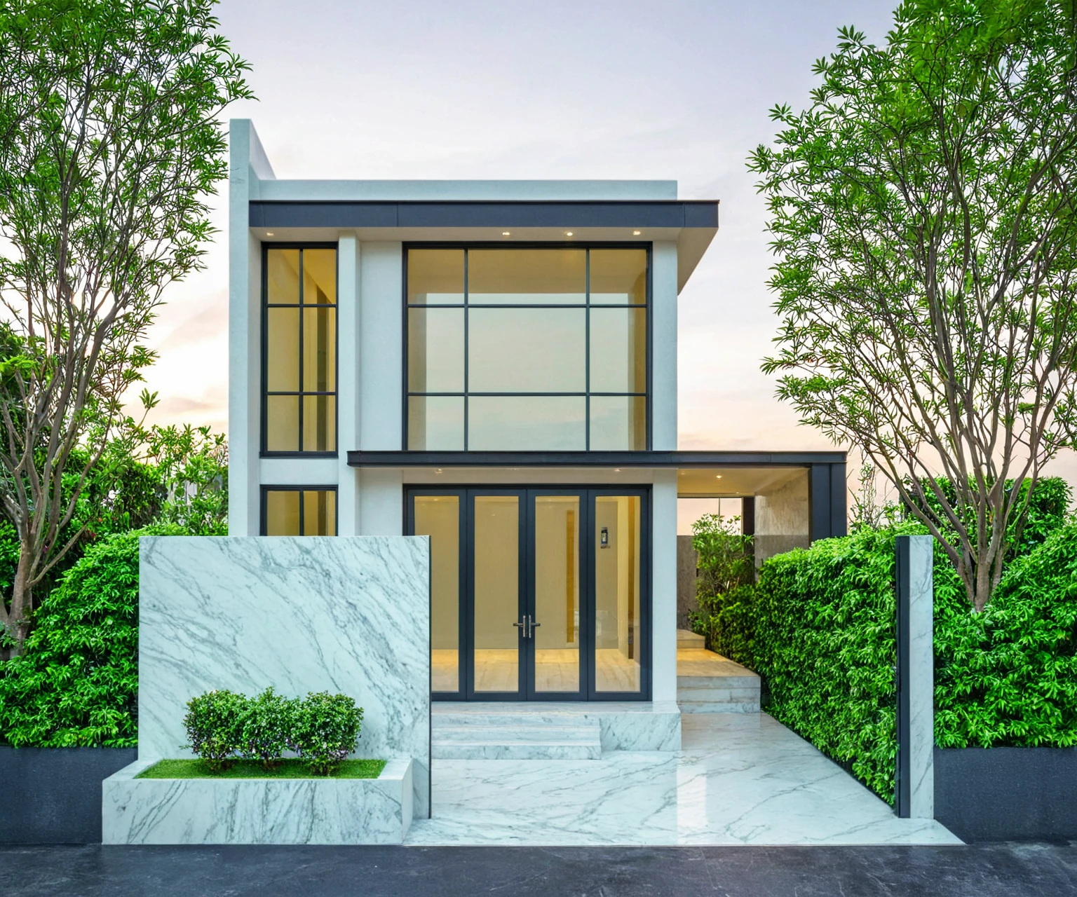 masterpiece, best quality, exterior design, (sunset), one-story modern house in Vietnamese village, marble, steel, modern light-colored granite facade and white walls, wooden ceiling , large glass, modern minimalist style, green shrubs and tropical plants background, large doors and windows.
