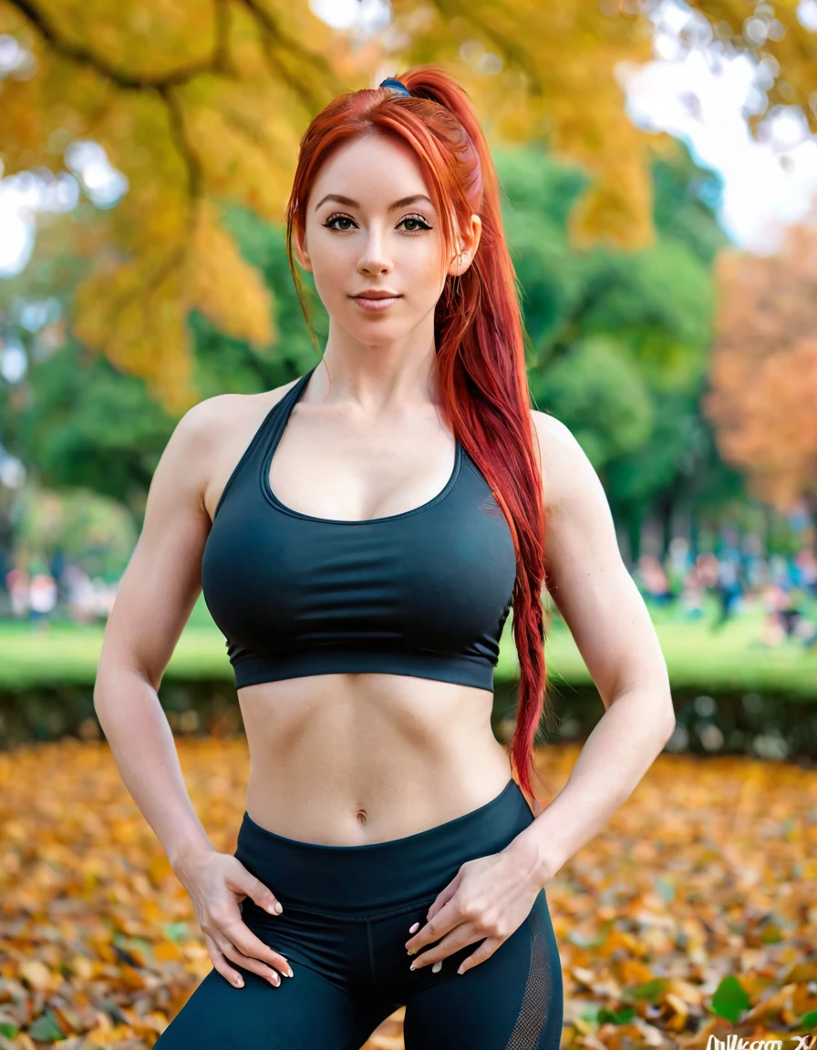 ultra realistic, photography, long red hair, girl, 24 years old, hourglass figure, perfect body, Flirty look, extremely detailed artgerm, in the style artgerm, natural breasts, facing the camera, Nikon z fx, lens 35 mm, blur background, in a public park, yoga outfit, hair in ponytail, doing yoga poses