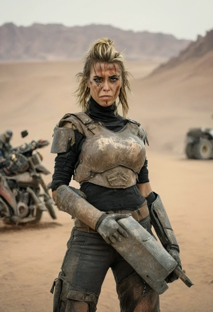 A pretty girl wearing survivor armor and pants and swept back hair on desert with apocalyptic melee weapon and motorcycle from the Mad Max movie, survivor's base camp at the background
