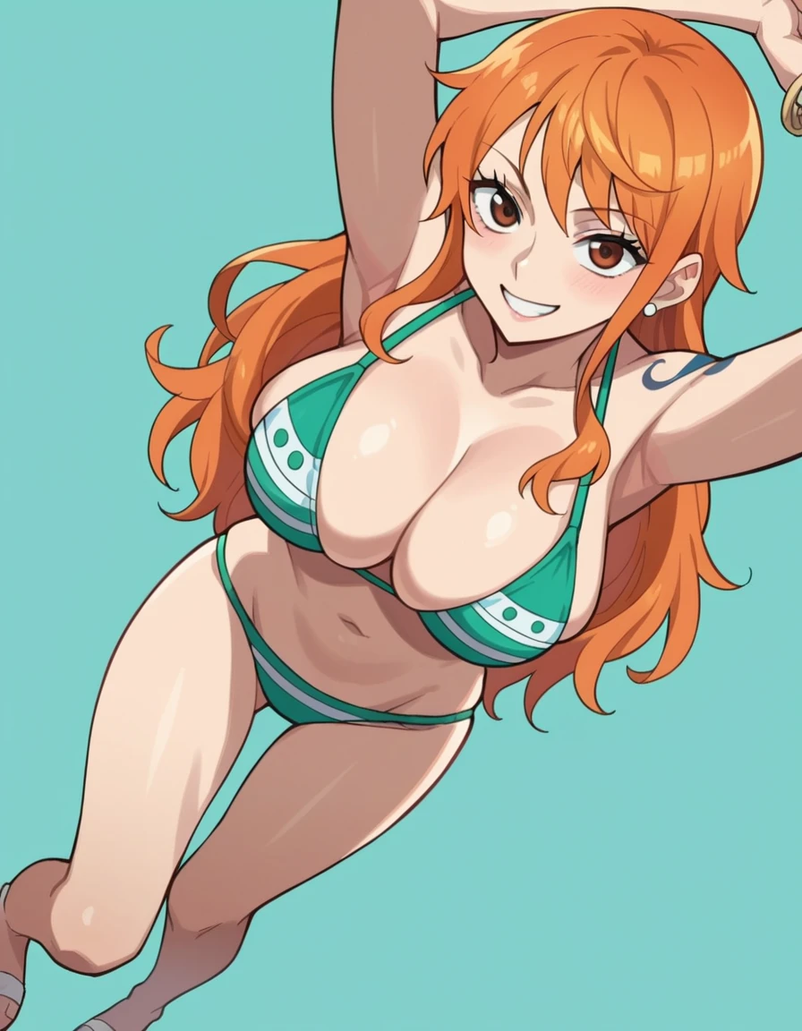 score_9, score_8_up, score_7_up, source_anime BREAK, anime screencap, 1girls, Nami, orange hair, long hair, large breasts, simple background, bikini, dynamic angle, from above, smile