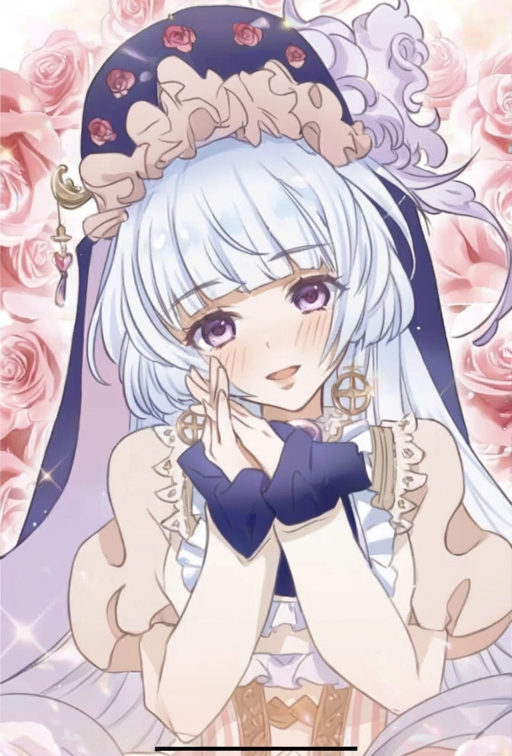 Close-up of a person in a hat with flowers in the background, White-haired God, Cute girl anime visuals, Ethereal Anime, Anime Goddess, Magical Girl Portrait, Official Art, shikishi, Official Anime Artwork, anime key visual of elegant, I also make fan art, Anime Princess, shikamimi, Rorish