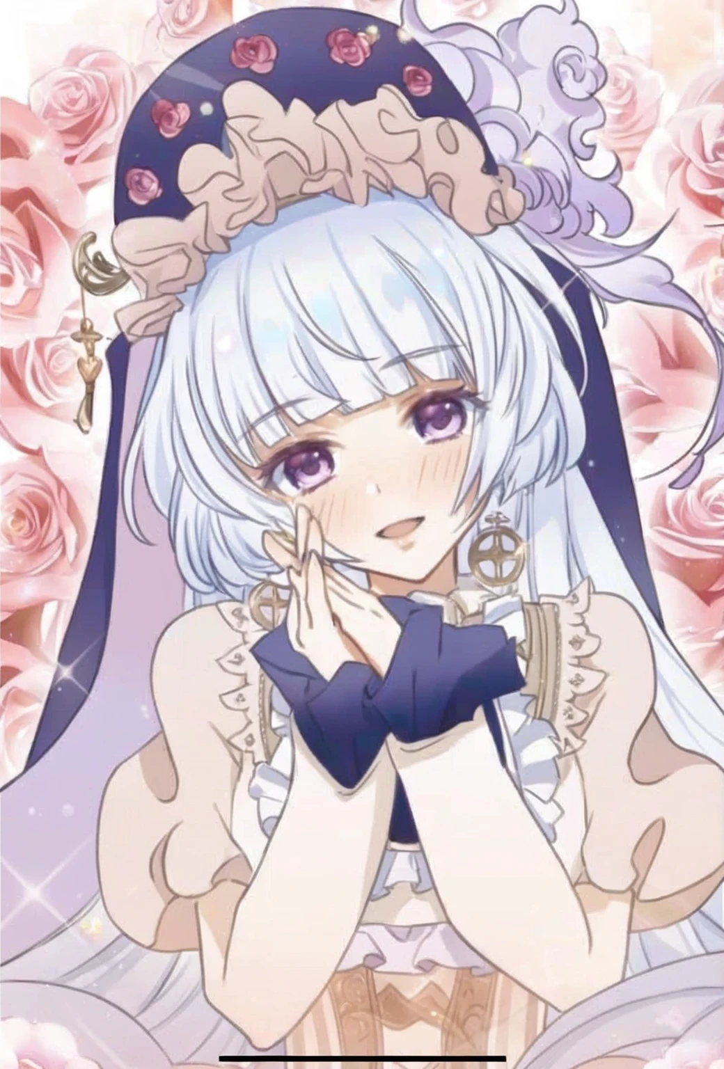 Close-up of a person in a hat with flowers in the background, White-haired God, Cute girl anime visuals, Ethereal Anime, Anime Goddess, Magical Girl Portrait, Official Art, shikishi, Official Anime Artwork, anime key visual of elegant, I also make fan art, Anime Princess, shikamimi, Rorish