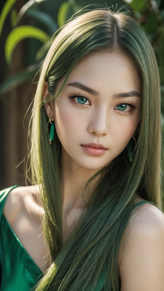 Portrait of woman, Asian, extremely detailed face, gentle and friendly facial expressions, oval face, very white skin, thin and slightly curved eyebrows, very long hair, straight hairstyle , flowing, green hair, charming dull eyes, seductive gaze, earrings, blue eyes, tender red lips, face facing the viewer, gentle and pleasant expression, colored silk dress green.