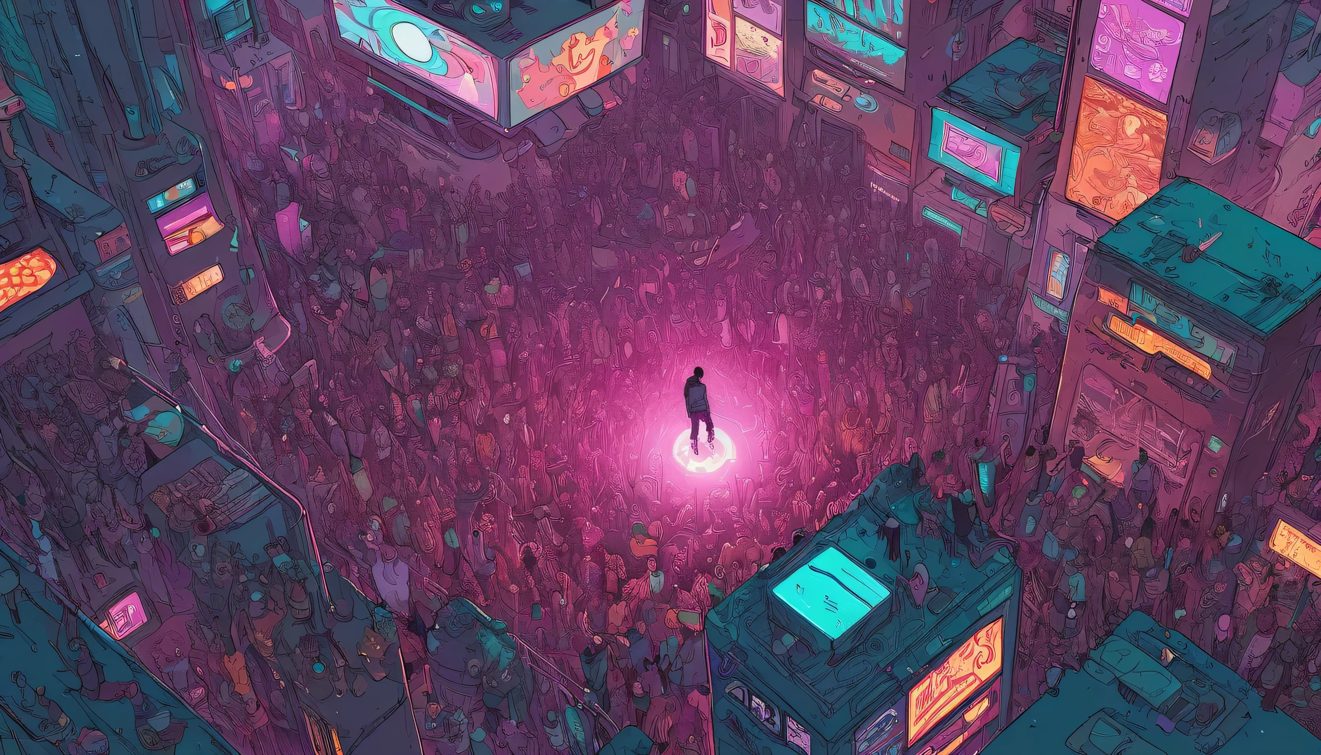 "Create a digital painting in a cyberpunk style of a large crowd seen from above, with one man in the spotlight, levitating from the middle of the crowd, and glowing brightly, featuring (((intricate details))), (((best quality))), (((extremely detailed quality))), and (((complex composition)))." | Related artists: Beeple, Josan Gonzalez, Paul Chadeisson