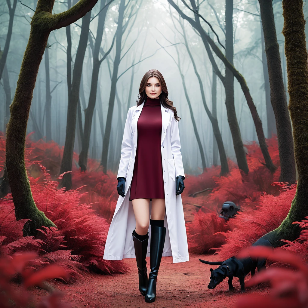 A Beautiful Woman with a beautiful frame, long, flowing dark brown hair, fair skin tone, and bright blue eyes. She is clad in a burgundy turtleneck dress, white lab coat, black gloves, black high-stocking, and red heeled boots. With a gentle smile, she is standing with an Alien-like Forest Landscape.