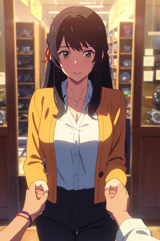 shinkai makoto, kimi no na wa., 1man, buzzut, mustache, wrinkle face, bangs swipe to te Right, office suit, man touching girl chest,chestgrope from behind, kiss cheeks, passionate hug, man is hugging from behind, 1girl, bangs, black hair, brown eyes, Twisted Half Up, red ribbon, long hair, long sleeve light yellow cardigan, open shirt, yellow shirt, cleavage, breast, medium breast, Orange shirt, name tag written "LUMINE Miyamizu", looking at the viewer, indoors, jewelry products, jewelry shop, jewelry saleswoman, indoors, mall, masterpiece, perfect anatomy, cowboyshot, POV (POV boy's hand breastgroping POV)