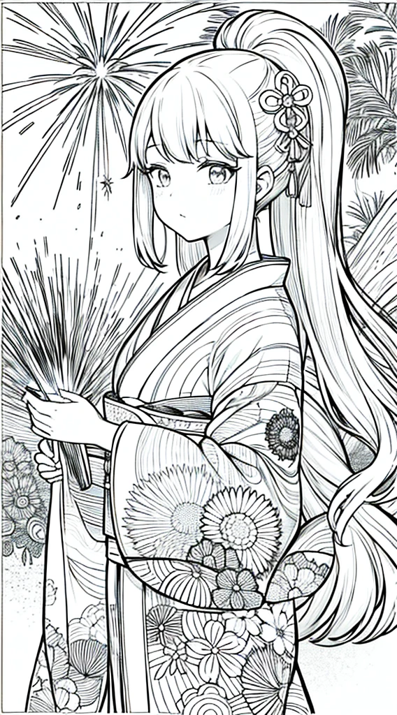 Coloring book、firework、Girl in black and white kimono、