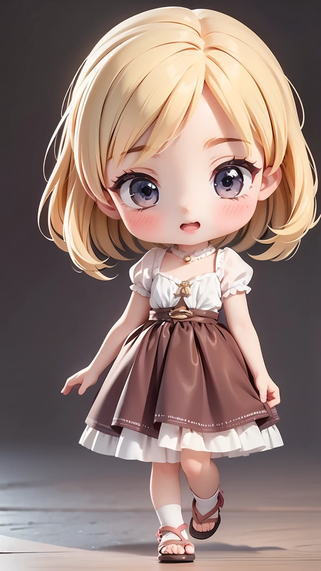 Super Chibi Character:1.8、wearing cute sandals、background:Simple all over、Blonde Hair、Cute 7 girl、Cinderella Dresses、Various expressions:1.8、Various poses with moving arms:1.8、Looking this way、LOL