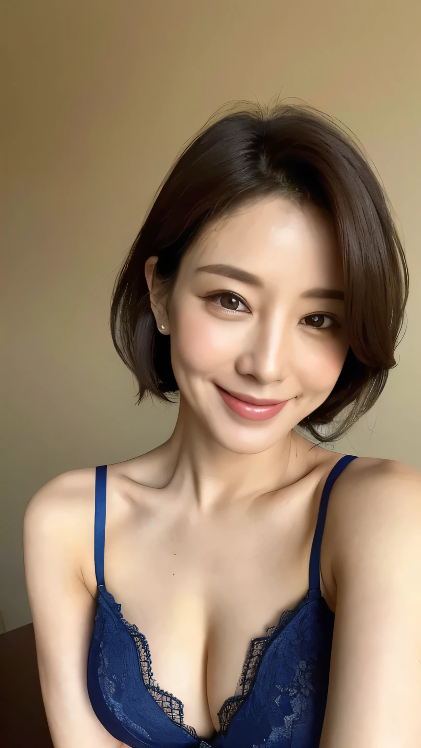 ((Highest quality, 8K, Tabletop:1.3))、Beautiful mature woman、40 years old、Mature Woman((lingerie)). Blouses in random colors:1.2(Leaning forward)).(Huge breasts).(smile:1.15)、Highly detailed face and skin texture、White groundless background