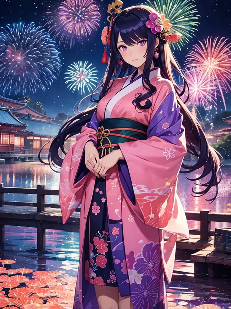 Microphotography, Anime long hair and  purple eyes feminine Lady made of glass in kimono, vibrant rainbow river, fireworks in night sky, colorful coral reefs, detailed illustration, Ukiyo-e style