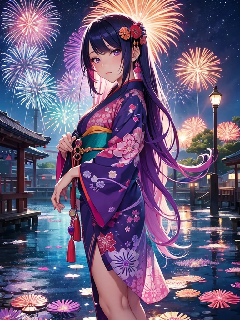 Microphotography, Anime long hair and purple eyes feminine Lady made of glass in kimono, vibrant rainbow river, fireworks in night sky, colorful coral reefs, detailed illustration, Ukiyo-e style