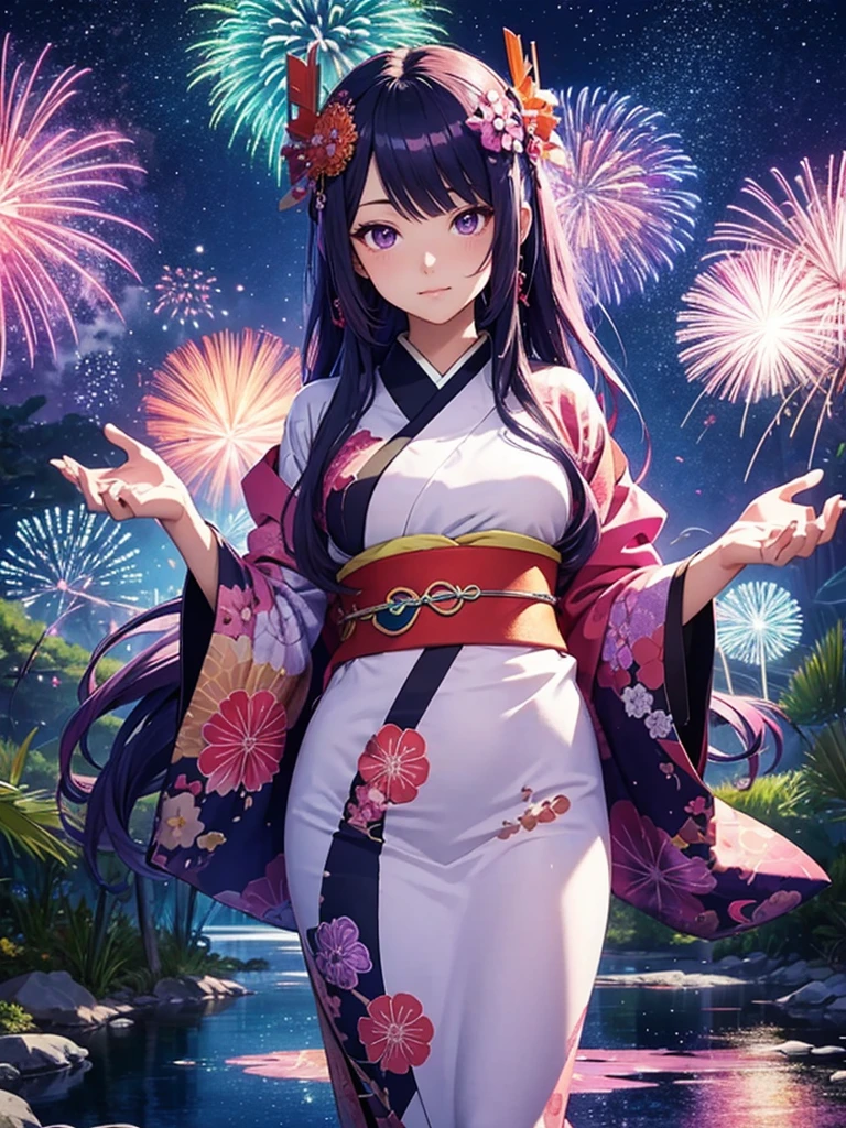 Microphotography, Anime long hair and  purple eyes feminine Lady made of glass in kimono, vibrant rainbow river, fireworks in night sky, colorful coral reefs, detailed illustration, Ukiyo-e style