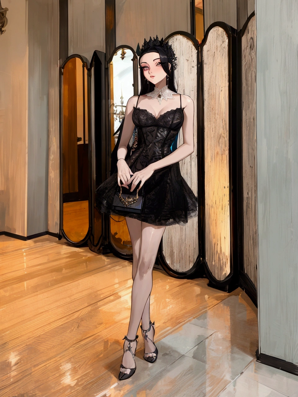 araffe woman in a noir dress standing in a room, robe de luxe, noir Robe en dentelle, robe sexy, 🔥 😎 🕹️ 👀 :2, magnifique femme, robe lacée, Robe en dentelle, noir, Femme mignonne, style sexy, dressed in noir lace, image de haute qualité, très petit, captivant et séduisant, robe élégante, Robe courte
