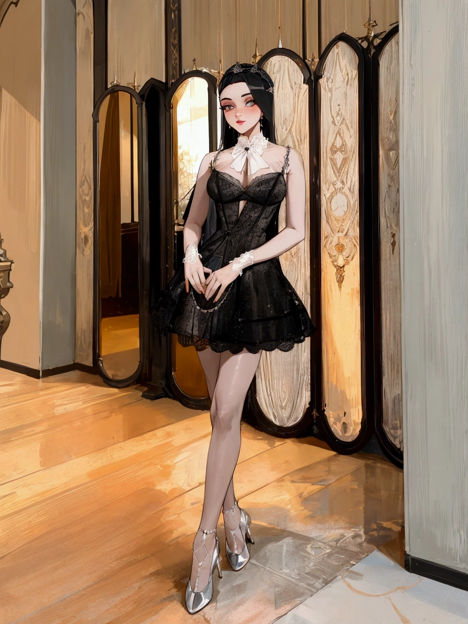 araffe woman in a noir dress standing in a room, robe de luxe, noir Robe en dentelle, robe sexy, 🔥 😎 🕹️ 👀 :2, magnifique femme, robe lacée, Robe en dentelle, noir, Femme mignonne, style sexy, dressed in noir lace, image de haute qualité, très petit, captivant et séduisant, robe élégante, Robe courte