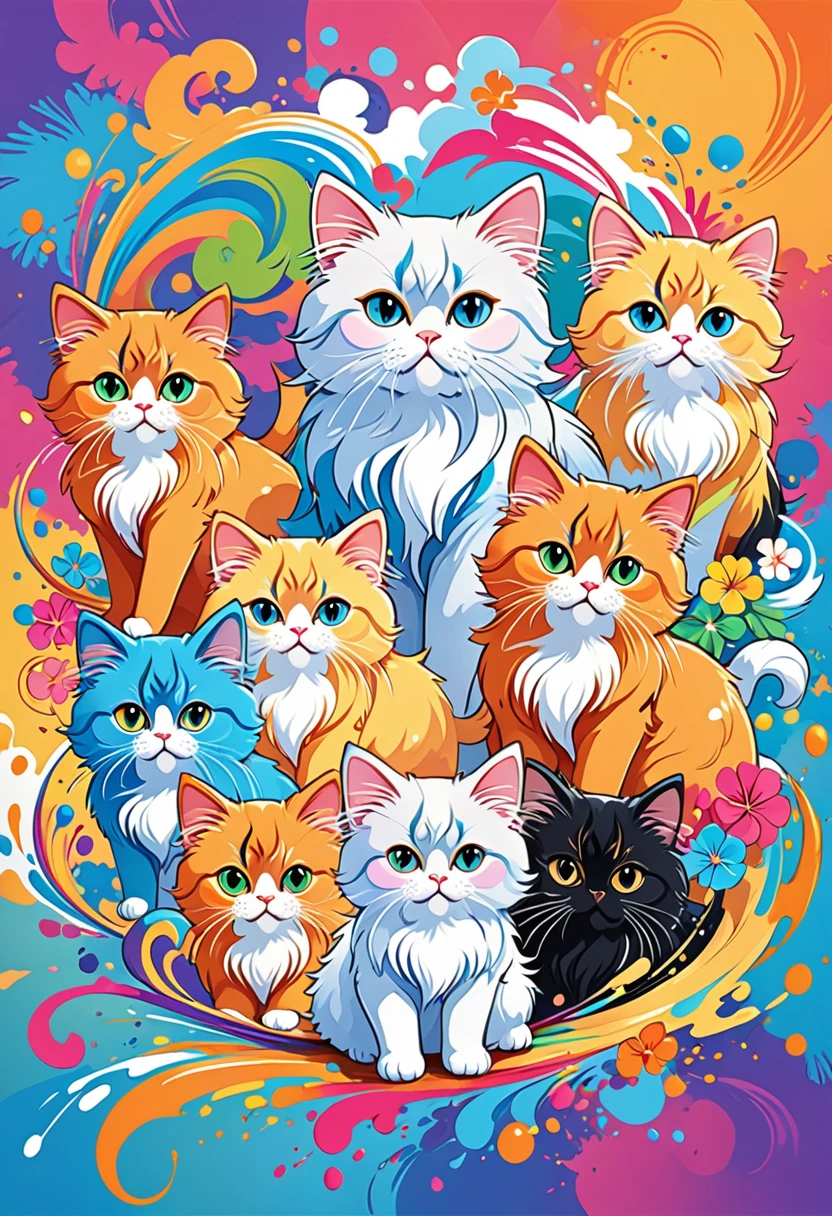 vectorial art, Colorful illustration with many cute Persian cats, At the center, swirly vibrant colors, paint splashes and smears, high détail,Hawaiian style background