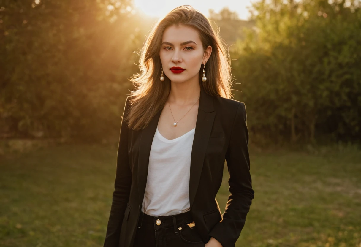 color digital photograph of Lucie Prochazka a woman from czech republic wearing (a black blazer), (a white t-shirt), (black skinny jeans), (black ankle boots), (pearl earrings), (red lipstick), and Slingbacks shoes shot on Nikon Z9 by Denis Karasev, 26 years old, pale skin, (very long hair), tiny figure, small breasts, feeling, at golden hour,full body, masterpiece, natural lighting, (outdoor setting:1.2), warm tones, side lighting, natural skin details, 4k, UHD, masterpiece, detailed eyes, detailed face, detailed skin, perfect hands, perfect feets, photo, high skin detail, moles, imperfect skin, ultra realism, RAW photo, subsurface scattering