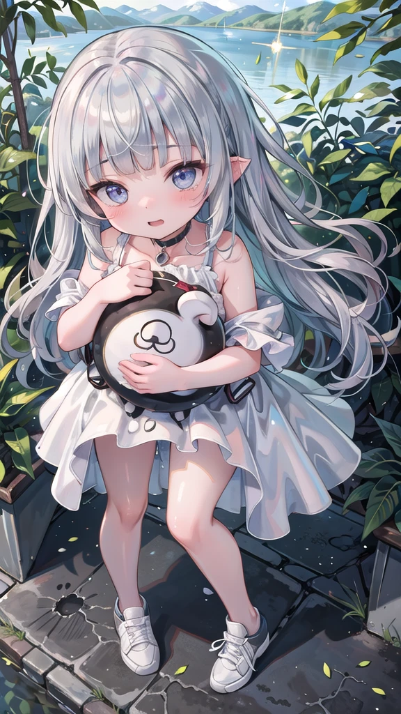 (masterpiece, best quality:1.4), One girl, , (full shot:1.6), (top quality eyes) ,(droopy eyes:1.4),rainbow colored iris, (pig tail), (silver hair:1.3), (blunt bangs:1.3), orgasm face, Medium chest, sundress , sneakers, Strong sunlight, Particles of light, lakeside, standing