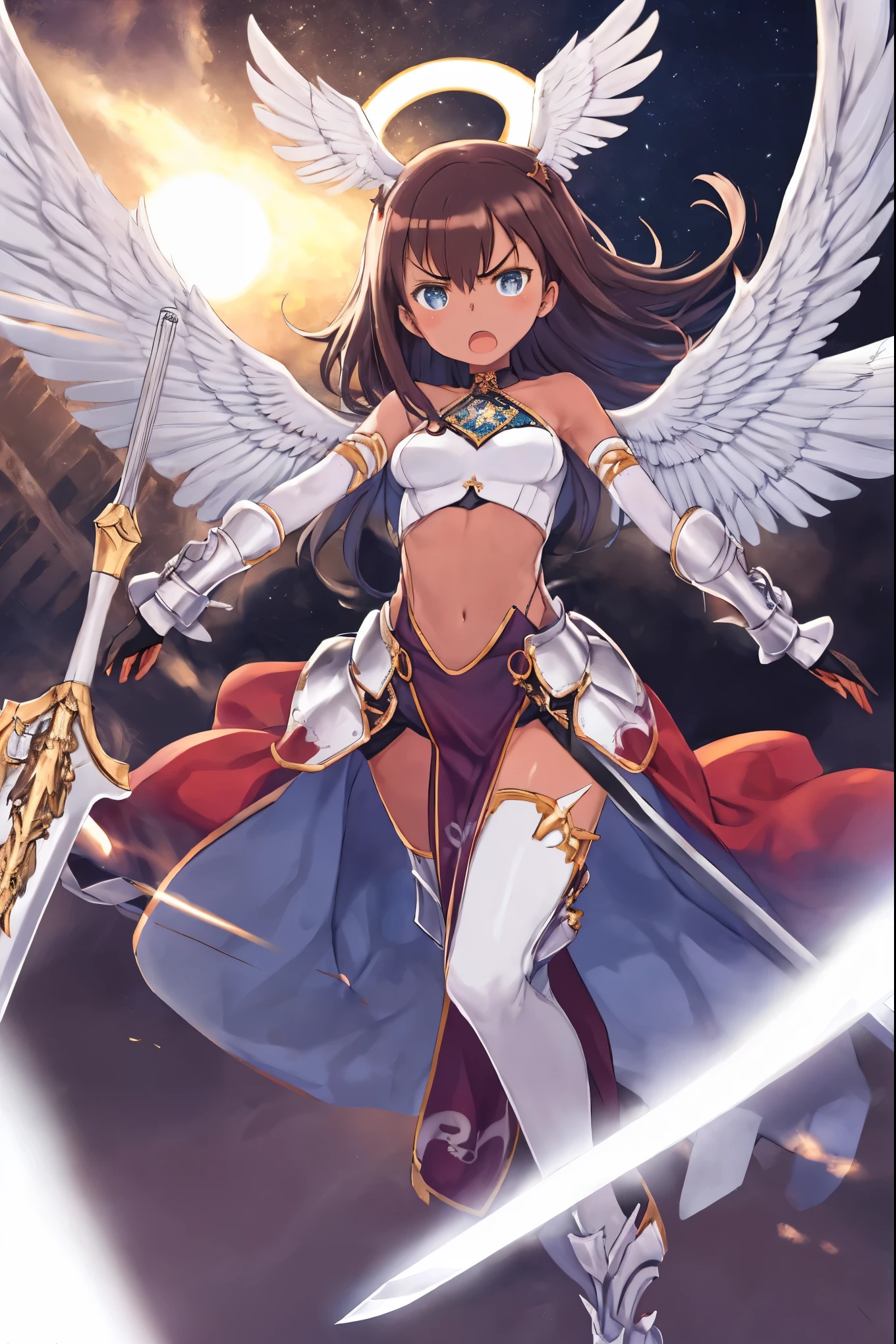 fantasy, 1angel_girl, low_teen, dark_brown_hair,long_bangs, (dark_skin)+, bare_shoulder, navel out, thighhighs,silver_shiny_armor, white_clothes,waist_armor, Glebe, hold_swords_emits_light, medium_breasts, dynamic_flying_pose,Floating, (1pair_white_wings:1.2),(pelvic_curtain:1.3), silver_Headgear ,looking_down_at_sunset_city_sky_background,,slightly_spread_legs, some_swords_emits_light,some_swords_emits_light_floating_around_the_girl,solo,glare_halo,angry,shout,open_mouth,open_legs,open_arms,rise_knee,rise_leg,rise_thigh,rise_leg,forward_leaning_posture,apart_legs,