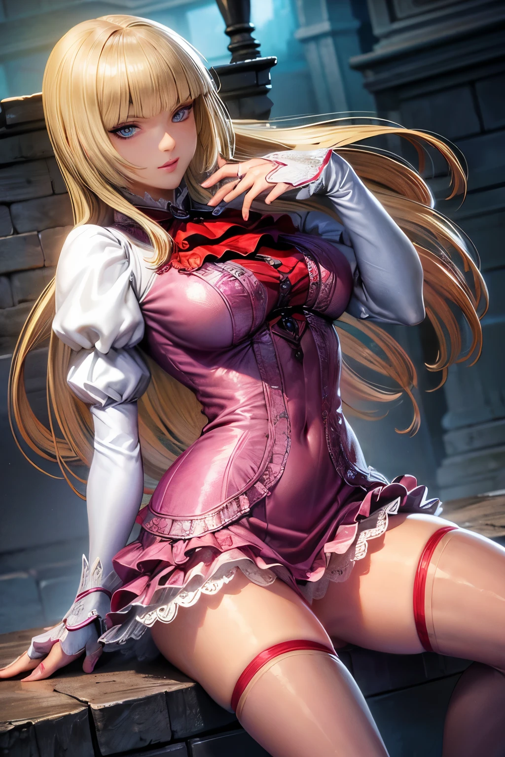 perfect eyes:1.2, detailed eyes:1.4, Emilie T8, blunt bangs, blue eyes, long hair, blonde hair, thighhighs, lace-up boots, pink frilled dress, frilled ascot, fingerless gloves, smile, red eyeshadow:1.2, makeup:1.2, cowboy shot, 1girl, solo, (masterpiece:1.6, best quality), 8k, insane details, intricate details, hyperdetailed, hyper quality, high detail, ultra detailed, professional, HDR, ray tracing reflection, cinematic lighting,
