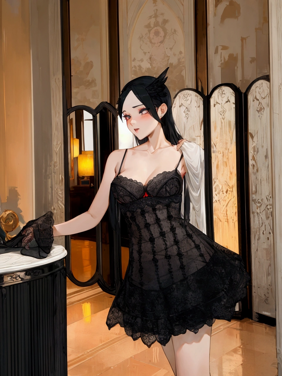 araffe femme dans une robe noire posant dans une pièce, robe sexy, dentelle noire dress, robe de luxe, magnifique femme, dressed in dentelle noire, dentelle noire, porter de la lingerie sexy, Robe en dentelle, robe lacée, magnifique modèle chinois, wings dentelle noire wear, voir à travers la robe, vêtements en dentelle pour ailes, captivant et séduisant, elle porte une robe noire, lingerie lacée