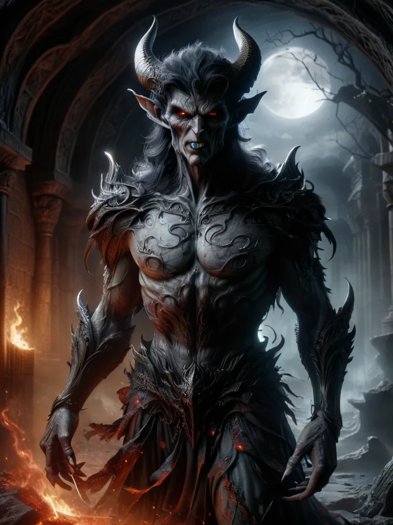 ral-mythcr, belial, mythical creature, a photorealistic image of Belial, a figure from mythological literature, and mystical setting, Belial is depicted as a formidable figur.