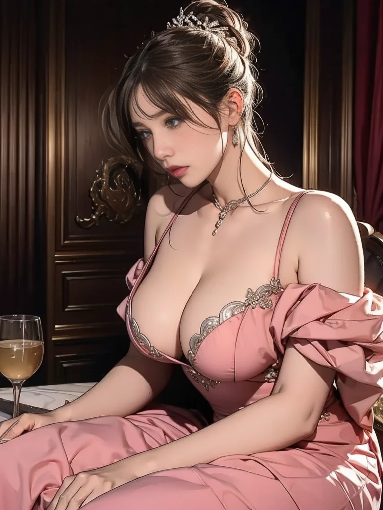 woman, Severe, elegant, pink dress, noble, silver elements, long nails, bare shoulders, hairstyle on, hair up, braids and ponytail, Messy, I am proud, absurd, fine dress, royalty, celebration, hall decorated with flowers, cowboy shot, portrait, (highest quality), (tabletop), (very detailed), 8k, Big breasts that are about to burst, deep cleavage