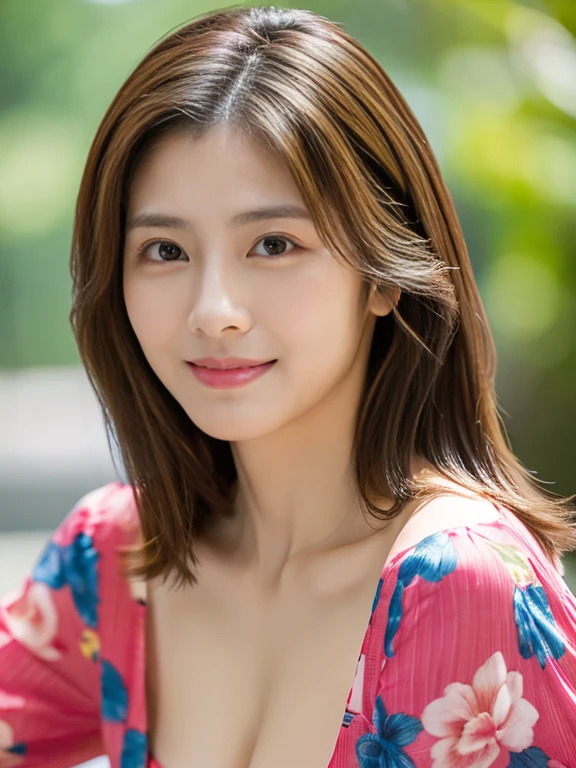 (Raw Photo), (Photorealsitic), (Masterpiece), (Best Quality), High Resolution, 8K, (Intricate Details), (Voluminous Light), Portrait, Female, 35 Years Old, Medium Hair, middle breasts cleavage, layered hair, brown hair, very fine eyes, source order, very fine eyebrows, very fine skin, very fine mouth, very fine nose, cute like an idol, happy smile, (thick lips), (looking at the viewer), (sexy elegant colorful blouse), (full body shot),