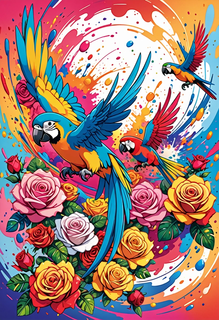 vectorial art, Colorful illustration with many roses and parrots, At the center, swirly vibrant colors, paint splashes and smears, high détail,explosion effect background