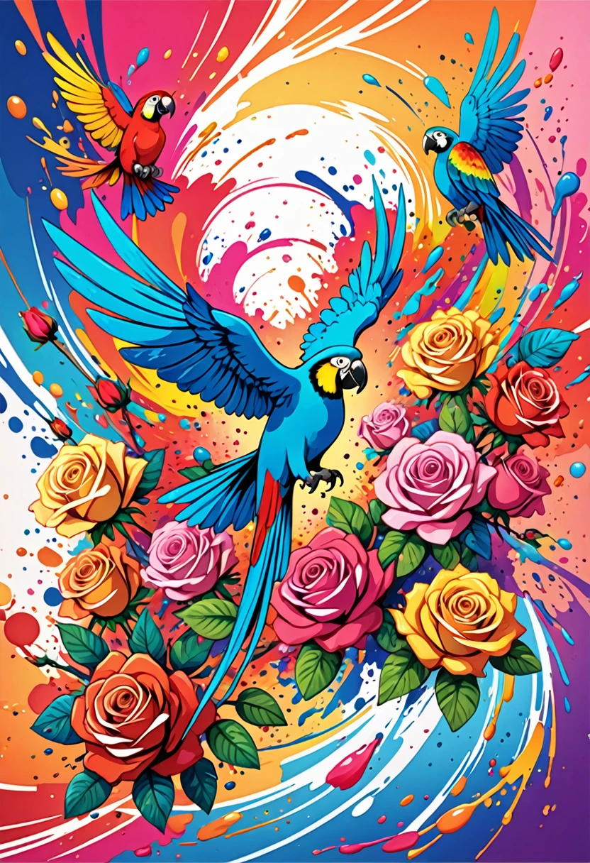 vectorial art, Colorful illustration with many roses and parrots, At the center, swirly vibrant colors, paint splashes and smears, high détail,explosion effect background