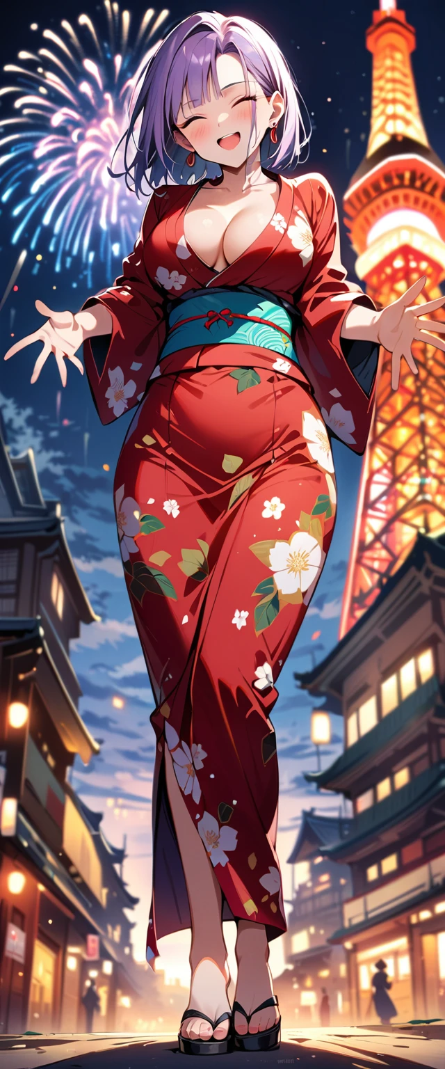 (masterpiece, best quality:1.2),1girl, (solo), Android 18 from Dragon Ball, ((floral print kimono)), medium breasts, blunt bangs, purple short hair, (close eyes), earrings on earlobes, slim, slender feminine figure, skinny body, blush, magnificent view, blur background, 4K, open mouth, smile, full body, Japanese sandals, Tokyo Tower, firework, arms back, cleavage, from below,