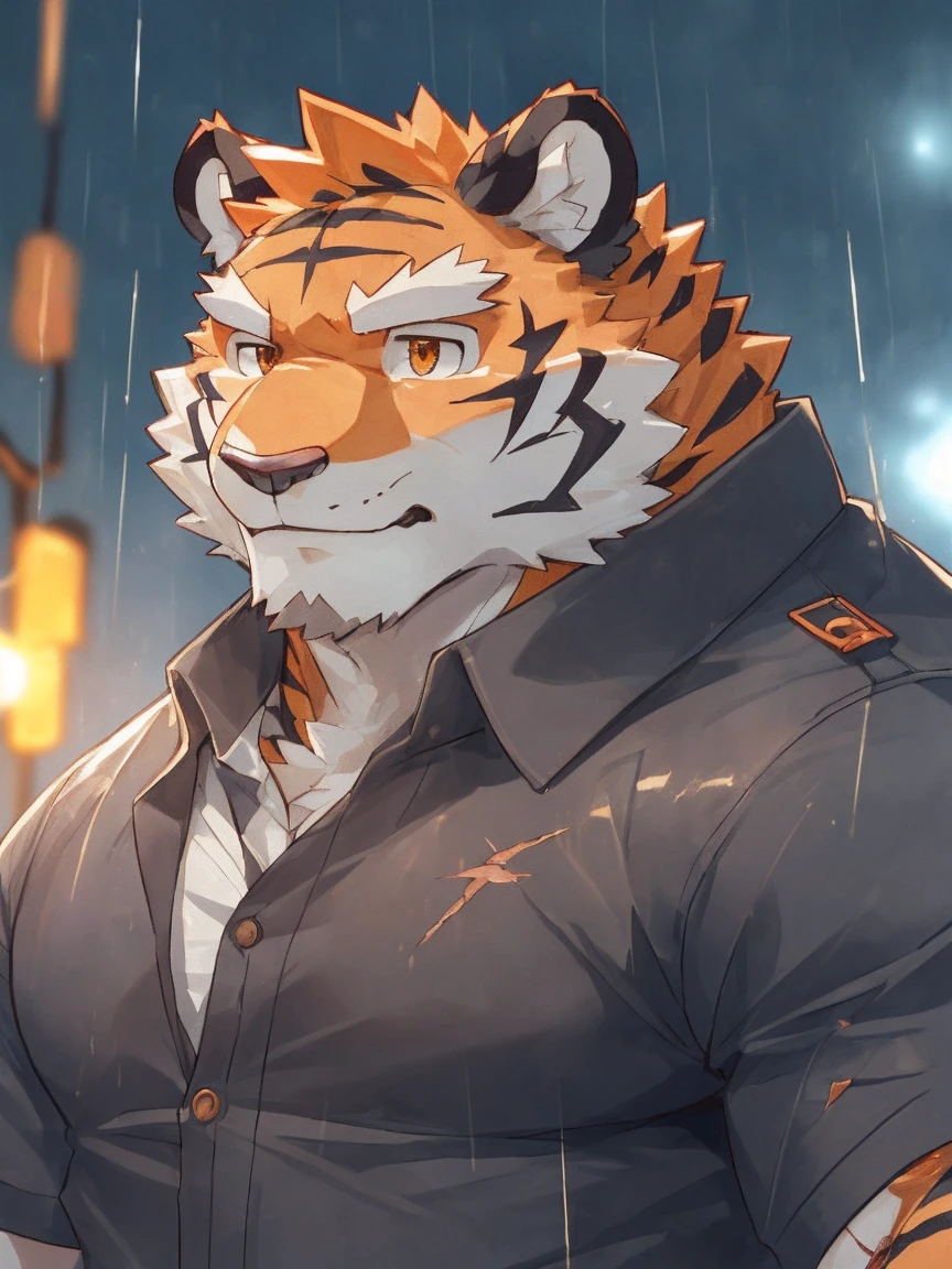 human nature, Wildlife, male,36 years old,Uncle, solitary, ((Round Face, The face is plump,Orange eyes,Thick orange hair,With scars)), ((Endomorph, Handsome,Hot Blood)), (Mecha suit,No electricity,exhaustion), ((domestic tiger, tiger,) Fluffy fur, Fluffy), Bokeh, (high quality, high resolution, masterpiece), (Dynamic Lighting, Vibrant colors), (Revitalize,harm,Disdain), Full body picture (close up), cartoon, author:Takemoto Arashi, From zixiong, By Chunni, author:Empty Ghost,(background:Rainy forest)