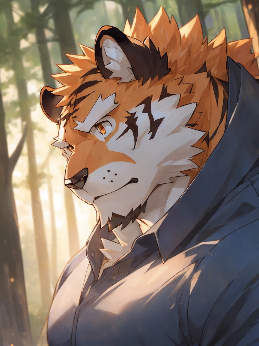 human nature, Wildlife, male,36 years old,Uncle, solitary, ((Round Face, The face is plump,Orange eyes,Thick orange hair,With scars)), ((Endomorph, Handsome,Hot Blood)), (Mecha suit,No electricity,exhaustion), ((domestic tiger, tiger,) Fluffy fur, Fluffy), Bokeh, (high quality, high resolution, masterpiece), (Dynamic Lighting, Vibrant colors), (Revitalize,harm,Disdain), Full body picture (close up), cartoon, author:Takemoto Arashi, From zixiong, By Chunni, author:Empty Ghost,(background:Rainy forest)