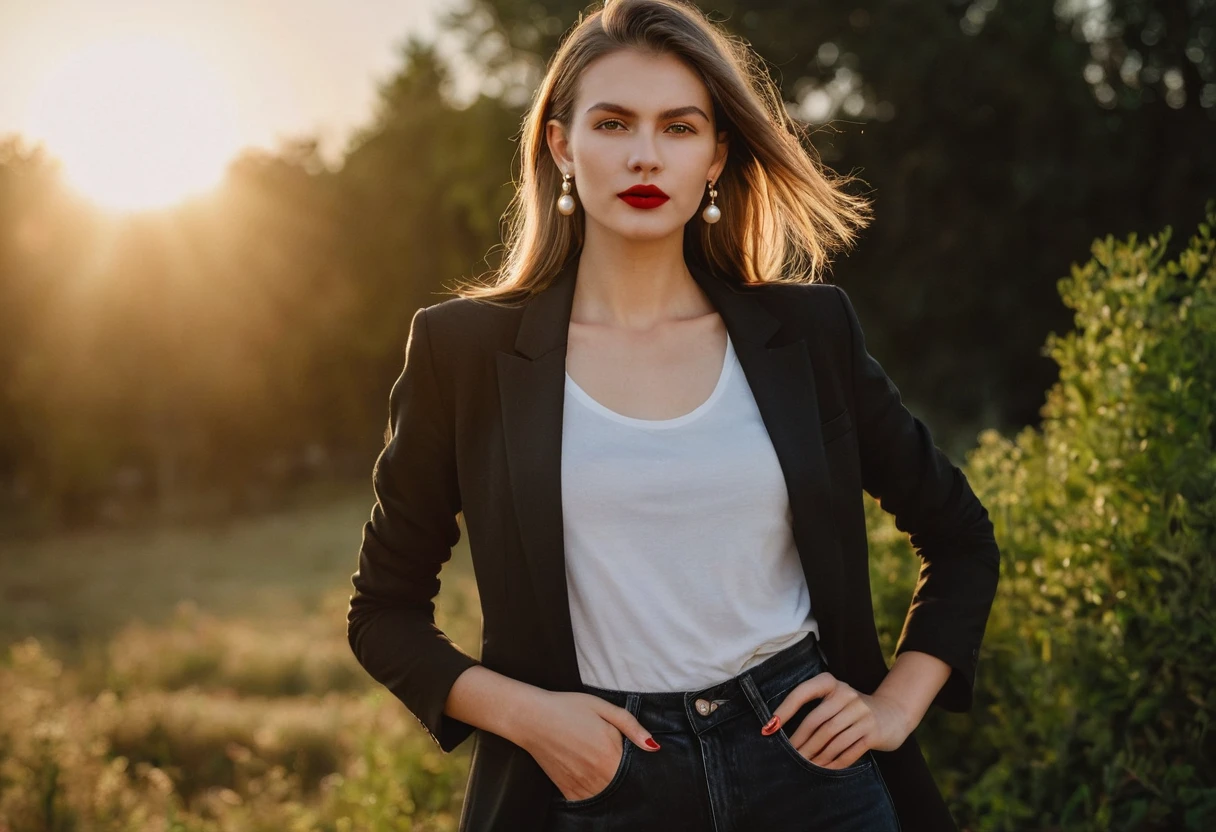 color digital photograph of Lucie Prochazka a woman from czech republic wearing (a black blazer), (a white t-shirt), (black skinny jeans), (black ankle boots), (pearl earrings), (red lipstick), and Slingbacks shoes shot on Nikon Z9 by Denis Karasev, 26 years old, pale skin, (very long dark golden hair), tiny figure, small breasts, feeling, at golden hour,full body, masterpiece, natural lighting, (outdoor setting:1.2), warm tones, side lighting, natural skin details, 4k, UHD, masterpiece, detailed eyes, detailed face, detailed skin, perfect hands, perfect feets, photo, high skin detail, moles, imperfect skin, ultra realism, RAW photo, subsurface scattering