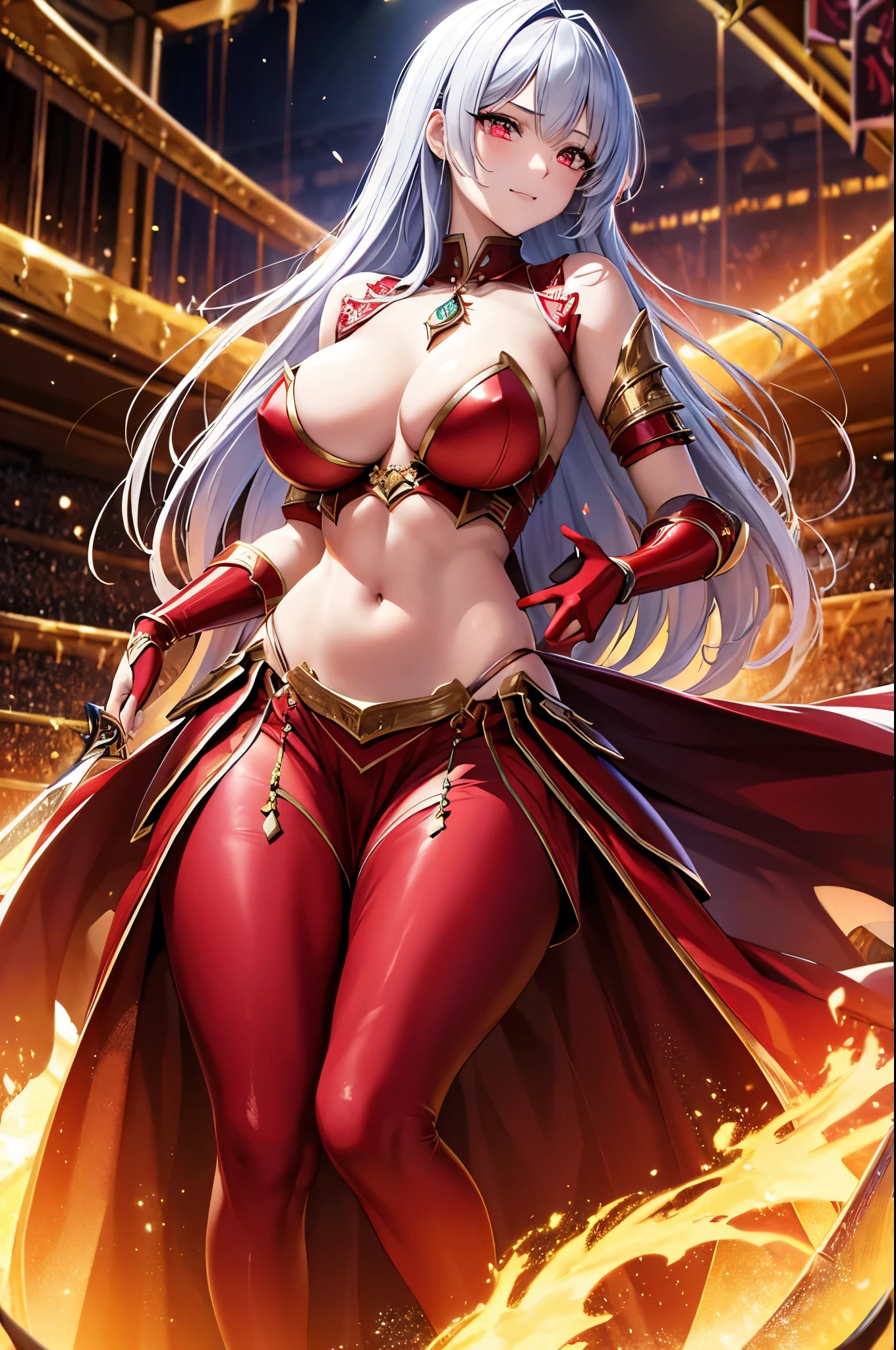 8K、赤いFlame-themed chest armor,A bewitching succubus in gorgeous red armor.,so beautiful(Like the real thing)、A long skirt with a luxurious red flame motif.,An Al-Afed woman poses for a photo with a sword and armour、Beautiful wavy silver hair、Big and ample breasts、Flame-themed chest armor(red and silver)2。5d cgi anime Fantasy artwork、Fan Art Mayor Art Station、デジタルFantasy art)、Big blow Loss Draw、Woman in armor、壮大なFantasy artスタイル、Beautiful Succubus、Charm、Beautiful fangs、Looking at the audience、Captivating Gaze、Laughter、masterpiece,masterpiece,Photorealistic RAW photos of the highest quality。Bright colors,Rich colors, Backlight, Cinema Lighting, Film Grain, to be born, 50mm lens, Nikon D850,Realistic Skin,Fantasy art,Character Art,Ultra-high resolution,Realistic scale skins,Goddess of Evil,Muscular Beauty,Extremely stiff abs,