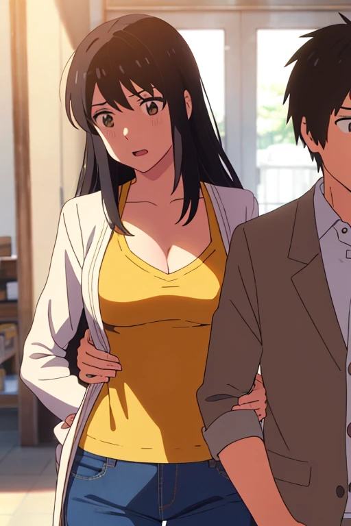 shinkai makoto, kimi no na wa., 1boy, buzzcut, sleeveless shirt, wrinkles, mustache, muscular,boy touching girl chest,chestgrope from behind, passionate hug, boy is hugging from behind, 1girl, bangs, black hair, brown eyes, open mouth, Twisted Half Up, red ribbon, long hair, long sleeve light yellow cardigan, open shirt, yellow shirt, cleavage, breast, medium breast, Orange shirt, orange jeans, indoors, mall, masterpiece, perfect anatomy, cowboyshot, 