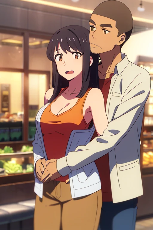 1boy buzzcut, white sleeves, hug from behind, buzzcut boy caressing girl's body, breast groping, breast grope, hold breast, biting shoulders, sex from behind, 1girl, bangs, black hair, brown eyes, long hair, hair ribbon, yellow shirt, cleavage, breast, medium breast, white pants, jewelry shop, indoors, mall, masterpiece, perfect anatomy, cowboyshot