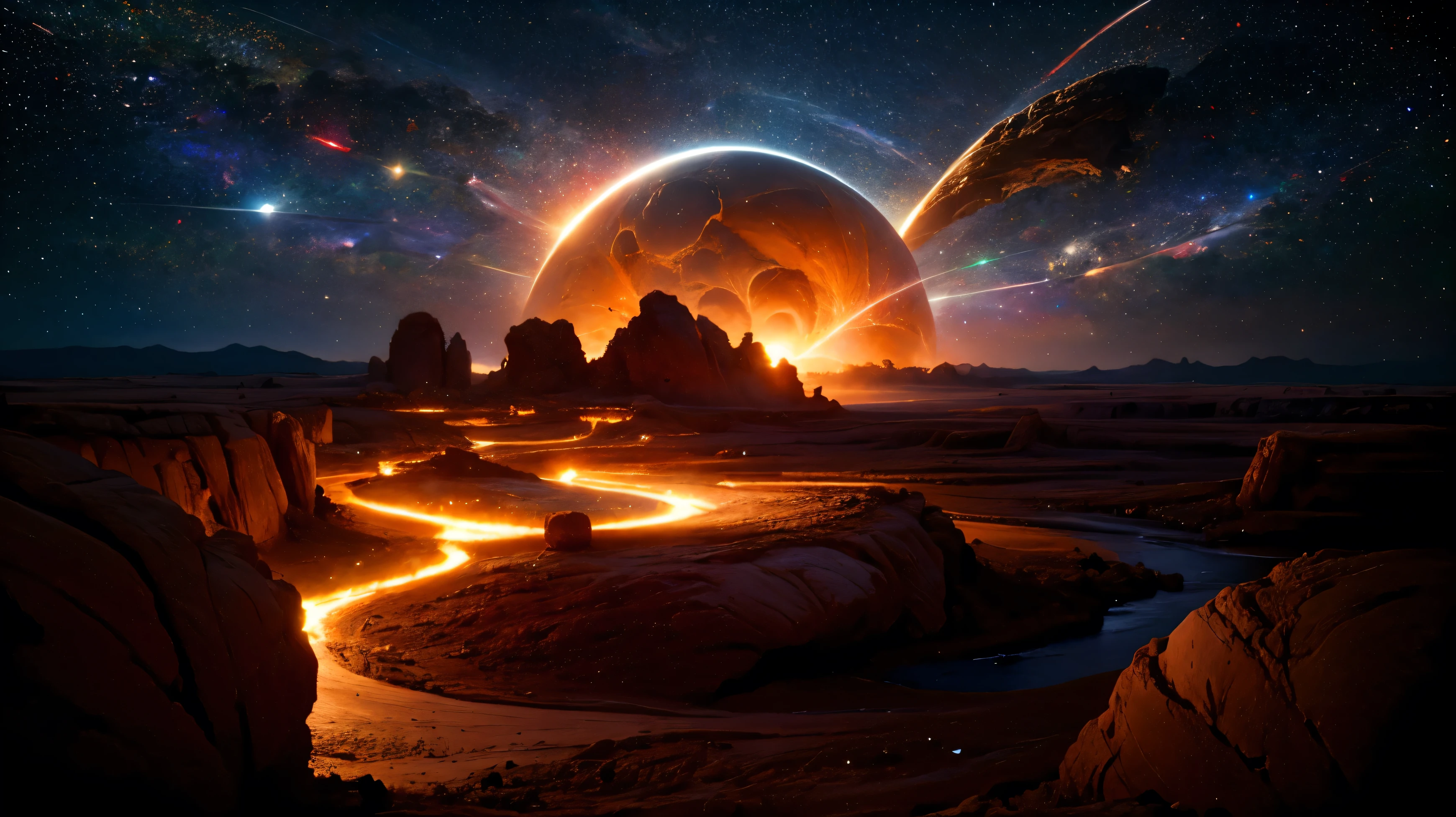 planet covered with red rocks, satellite ring, chaotic starry sky, red river, rocha bunker, rock City, giant bugs, ultra HD, work of art, best qualityer, super detaill, high resolution,(alien landscape)