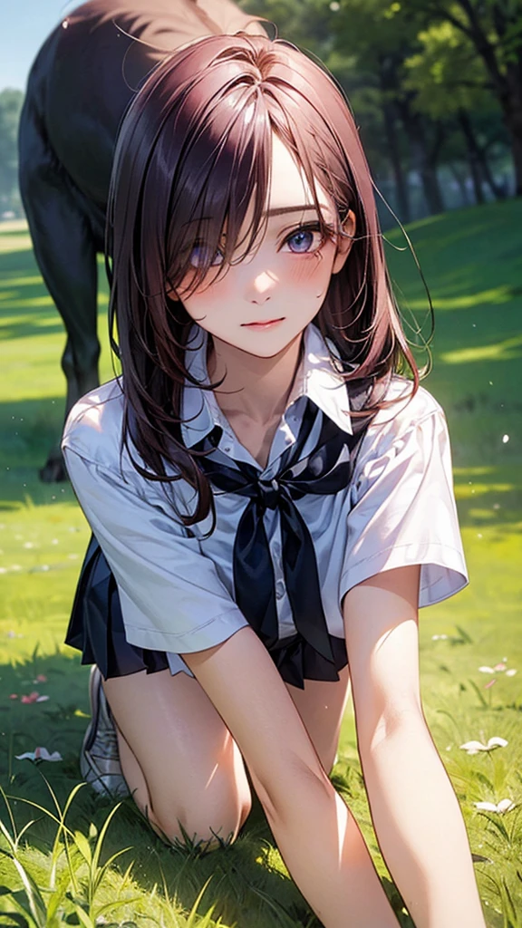 (masterpiece:1.2, top-quality), (realistic, photorealistic:1.4), beautiful illustration, (natural side lighting, movie lighting), nsfw,
looking at viewer, face focus, upper body, 1 girl, japanese, high school girl, perfect face, cute and symmetrical face, shiny skin,
(long hair:1.5, straight hair:1.4, dark purple hair), hair over one eye, dark purple, long eye lasher, (large breasts, seductive thighs, big ass), nipple hardening, slender,
beautiful hair, beautiful face, beautiful detailed eyes, beautiful clavicle, beautiful body, beautiful chest, beautiful thigh, beautiful legs, beautiful fingers,
((detailed cloth texture, short sleeves white collared shirts, navy pleated mini skirt), black tie),
(beautiful scenery), A girl is on all fours in a grassy field. She is carrying a large dog on her back and mating in the rear position.
Her face is bright red and flushed, with an embarrassed expression on her face.
She is wearing a very short skirt.