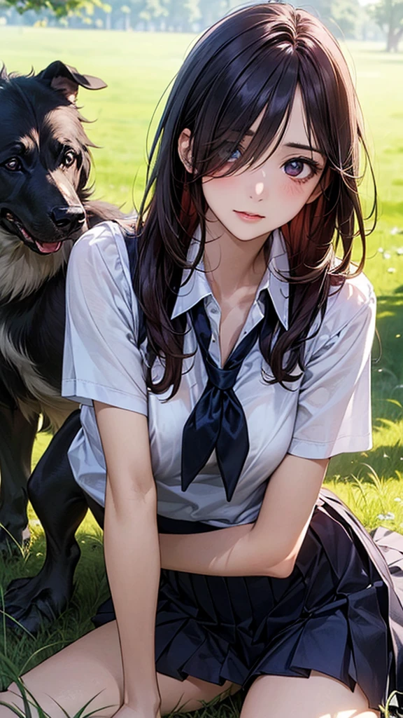 (masterpiece:1.2, top-quality), (realistic, photorealistic:1.4), beautiful illustration, (natural side lighting, movie lighting), nsfw,
looking at viewer, face focus, upper body, 1 girl, japanese, high school girl, perfect face, cute and symmetrical face, shiny skin,
(long hair:1.5, straight hair:1.4, dark purple hair), hair over one eye, dark purple, long eye lasher, (large breasts, seductive thighs, big ass), nipple hardening, slender,
beautiful hair, beautiful face, beautiful detailed eyes, beautiful clavicle, beautiful body, beautiful chest, beautiful thigh, beautiful legs, beautiful fingers,
((detailed cloth texture, short sleeves white collared shirts, navy pleated mini skirt), black tie),
(beautiful scenery), evening, blackboard, standing, (lovely smile, upper eyes), In a grassy meadow, a girl is on all fours, and a dog is holding her from behind and holding her close at the waist.
The girl's face is bright red and flushed, her eyes are closed, her mouth is open, and she cries out.