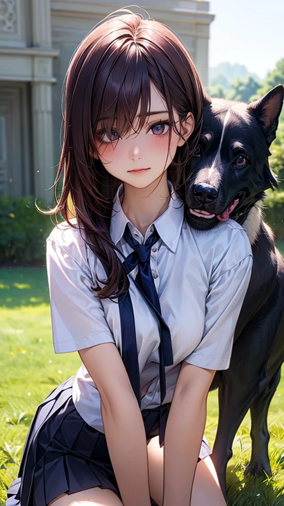 (masterpiece:1.2, top-quality), (realistic, photorealistic:1.4), beautiful illustration, (natural side lighting, movie lighting), nsfw, 
looking at viewer, face focus, upper body, 1 girl, japanese, high school girl, perfect face, cute and symmetrical face, shiny skin, 
(long hair:1.5, straight hair:1.4, dark purple hair), hair over one eye, dark purple, long eye lasher, (large breasts, seductive thighs, big ass), nipple hardening, slender, 
beautiful hair, beautiful face, beautiful detailed eyes, beautiful clavicle, beautiful body, beautiful chest, beautiful thigh, beautiful legs, beautiful fingers, 
((detailed cloth texture, short sleeves white collared shirts, navy pleated mini skirt), black tie), 
(beautiful scenery), A girl is on all fours in a grassy field. She is carrying a large dog on her back and mating in the rear position.
Her face is bright red and flushed, with an embarrassed expression on her face.

She is wearing a very short skirt.