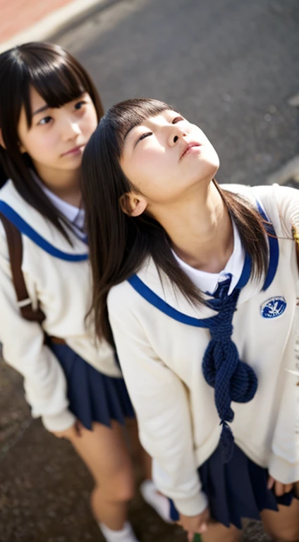 Two beautiful Japanese high school girls, neat, serious, honor students, completely naked, with a loving look on their faces, like pet pets, kneel together, legs spread, arms above their heads. Raised, small-breasted, flat-chested, flat-chested, tied with hemp rope, hands looking up at the man standing, tied with a collar and led like a pet. downward angle, staring with mouth closed、