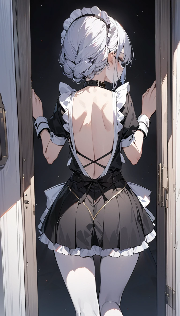 Masterpiece, Backless V-line maid costum, short skirt, girl, white skin, 2 view from front and back, all body shot, collar, she say "welcome master",